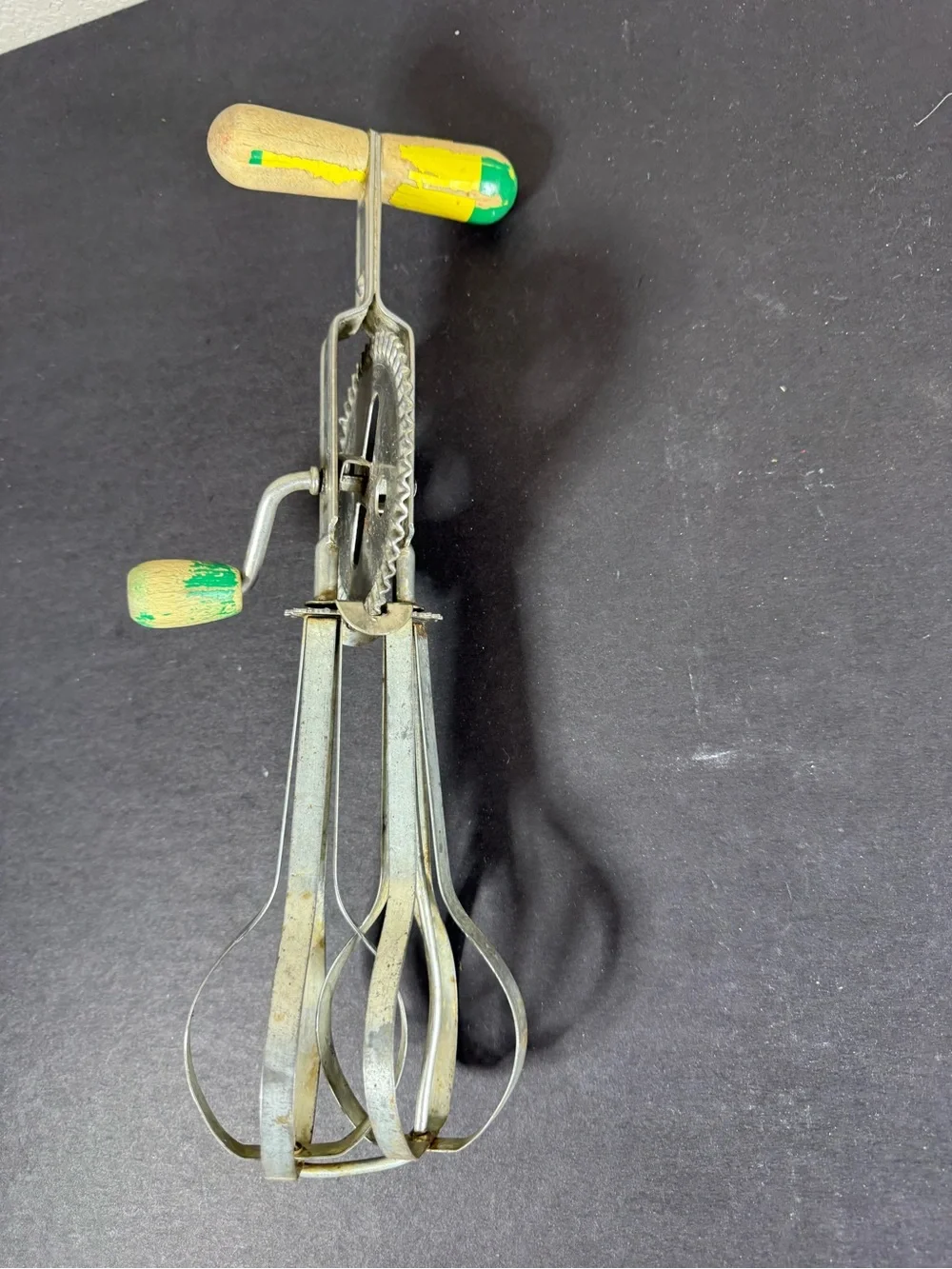Vintage Hand Crank Egg Beater with Yellow-Green Handles